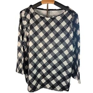 Talbots Tee Womens XL Black White Buffalo Plaid Check 3/4 Sleeve Boat Neck Top‎